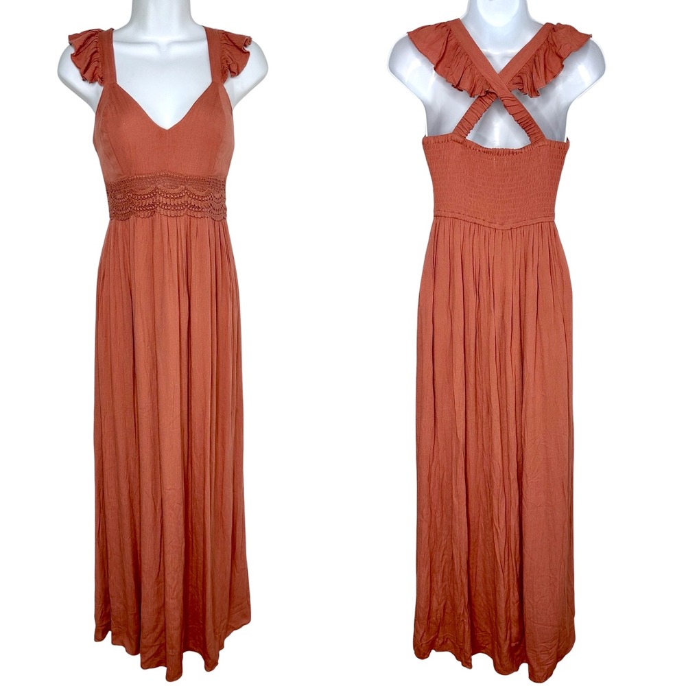 Japna‎ Crinkle Maxi Sun Dress Pink Ruffle Sleeve Smocked Cottagecore Boho Sz XS